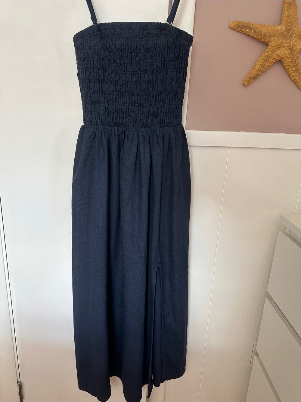 Hollister Navy Blue Smocked Strapless Midi Dress, autumn dress